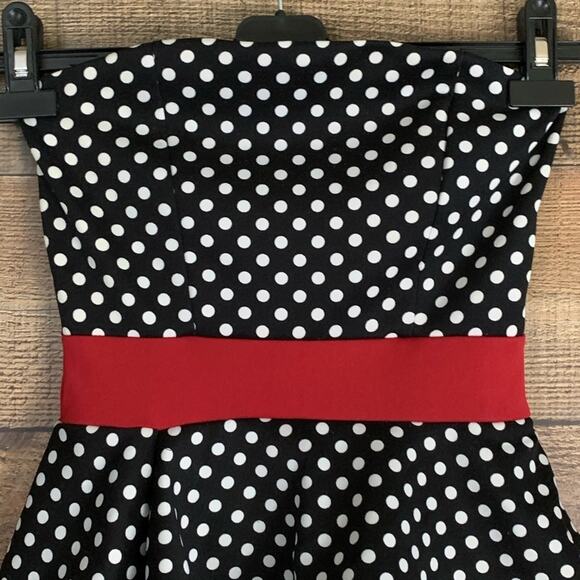 Emerald Sundae Strapless Black White Red Polkadot Peplum Dress Size Small - Picture 2 of 8